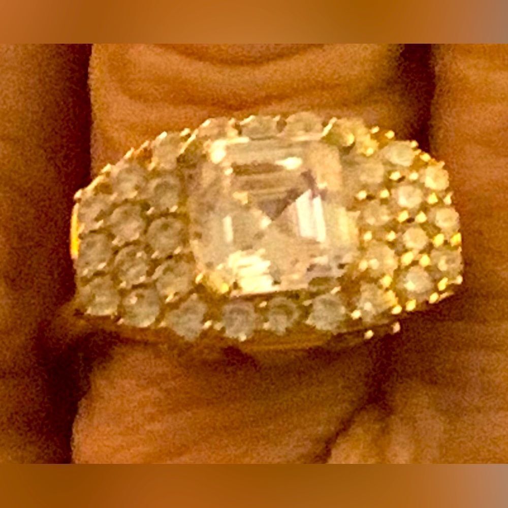 Vintage look ring , square cushion center stone . Yellow gold over silver